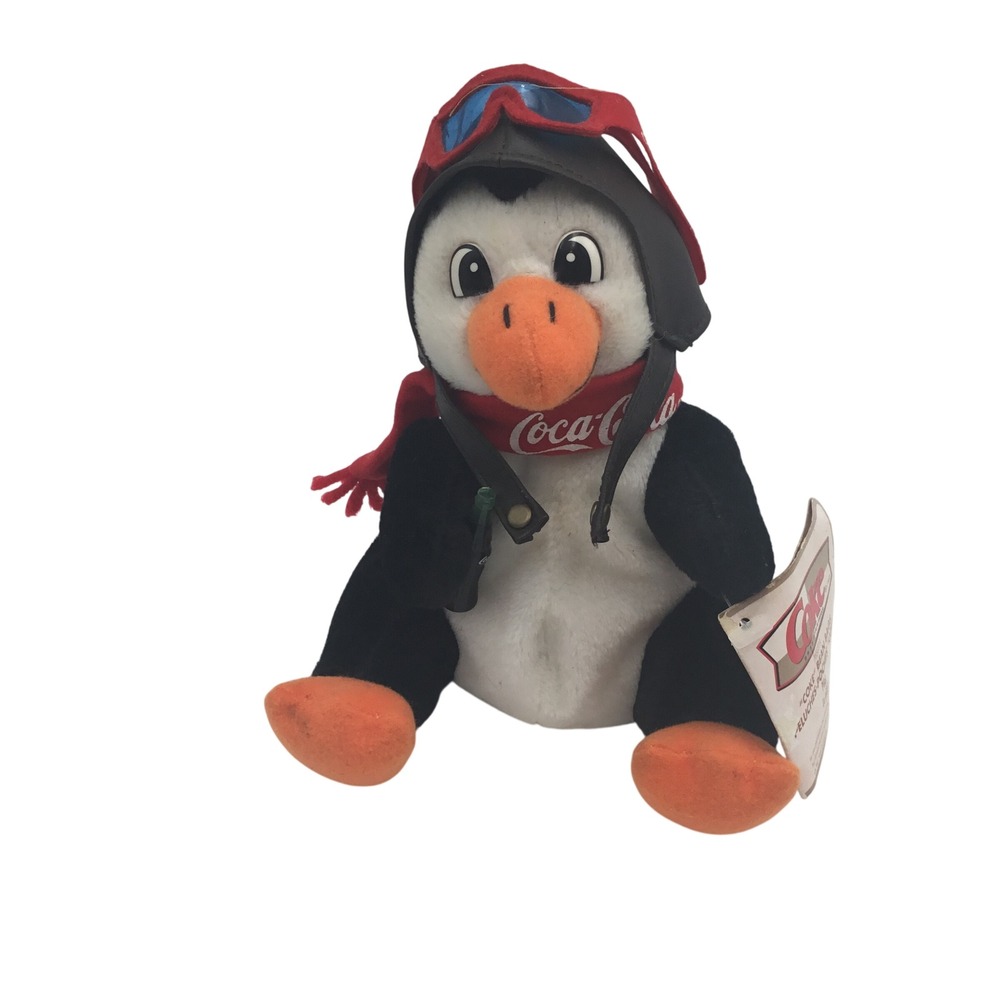 Vintage 1999 Coca-Cola Aviator Penguin Bean Bag Plush Pilot Hat Scarf 6 Inch